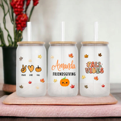 Friendsgiving Personalized Thanksgiving Gift, Custom Name Fall  Pumpkin Tumbler, Birthday Christmas 16oz glass Tumbler For Best Friends