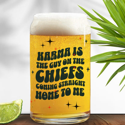 Karma Is The Guy On Chiefs 16oz glass Tumbler Coffee Cup For Friends, Swiftie Kelce Merch, Football Fan Christmas Tree, Eras Tour Concert